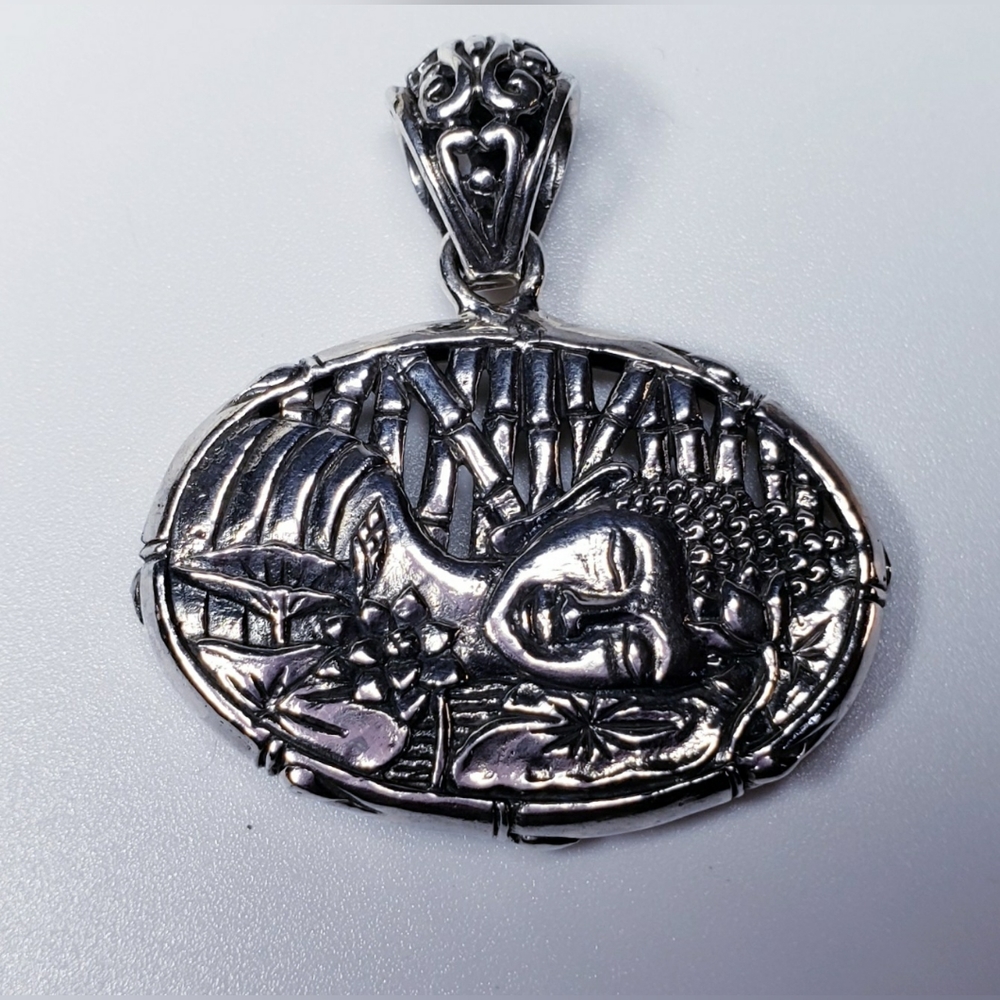 Vintage Sterling Silver Floral  Sleeping Buddha Pendant.